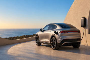 A tesla charging at a wallbox of a vila overlooking the ocean